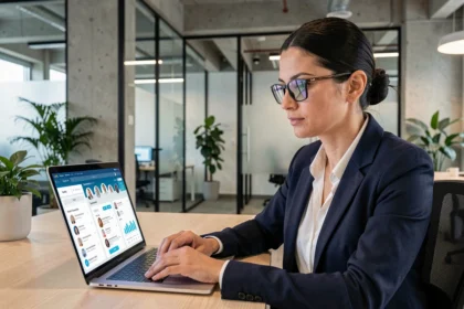 Recruteuse analysant des profils de candidats générés par intelligence artificielle sur un ordinateur portable dans un bureau moderne