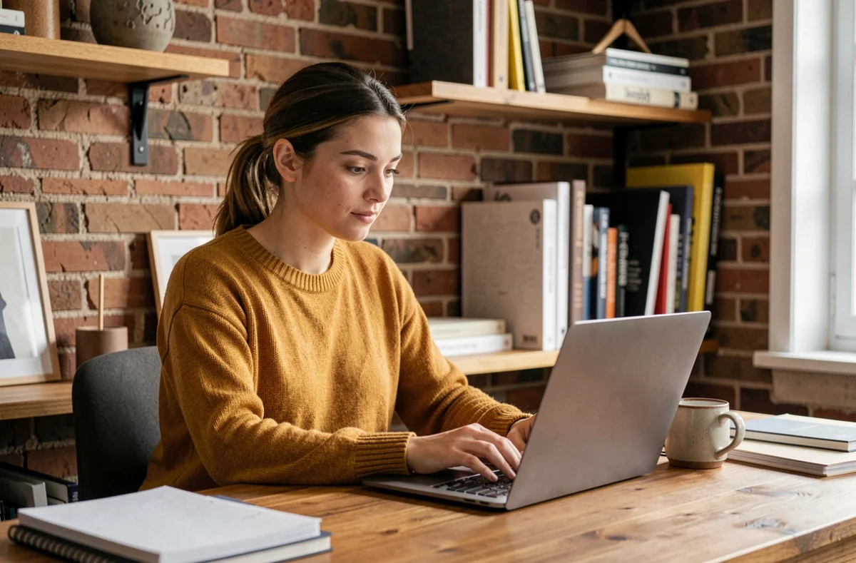 Jeune femme rédigeant une proposition de collaboration par email sur son ordinateur portable depuis son bureau à domicile