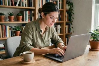 Femme rédactrice web travaillant sur un article de blog attrayant depuis son bureau à domicile