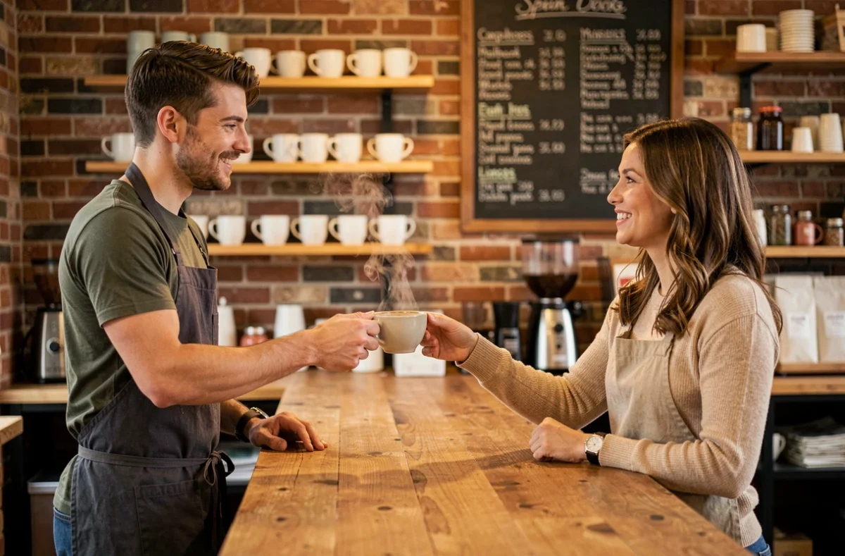 Barista remettant un café à une cliente fidèle dans un café indépendant illustrant une relation client régulière et personnalisée