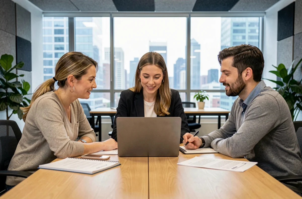Responsable de la relation client en réunion collaborative avec deux partenaires autour d'un ordinateur portable illustrant une relation client stratégique et à long terme