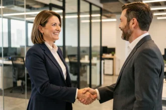 Poignée de main entre une cliente et un conseiller professionnel dans un bureau moderne illustrant une relation client formelle et transactionnelle