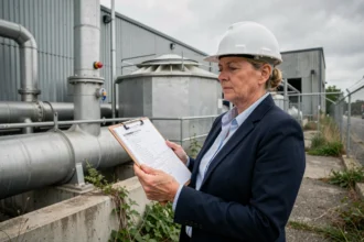 Responsable de conformité environnementale inspectant une installation industrielle avec une liste de contrôle réglementaire