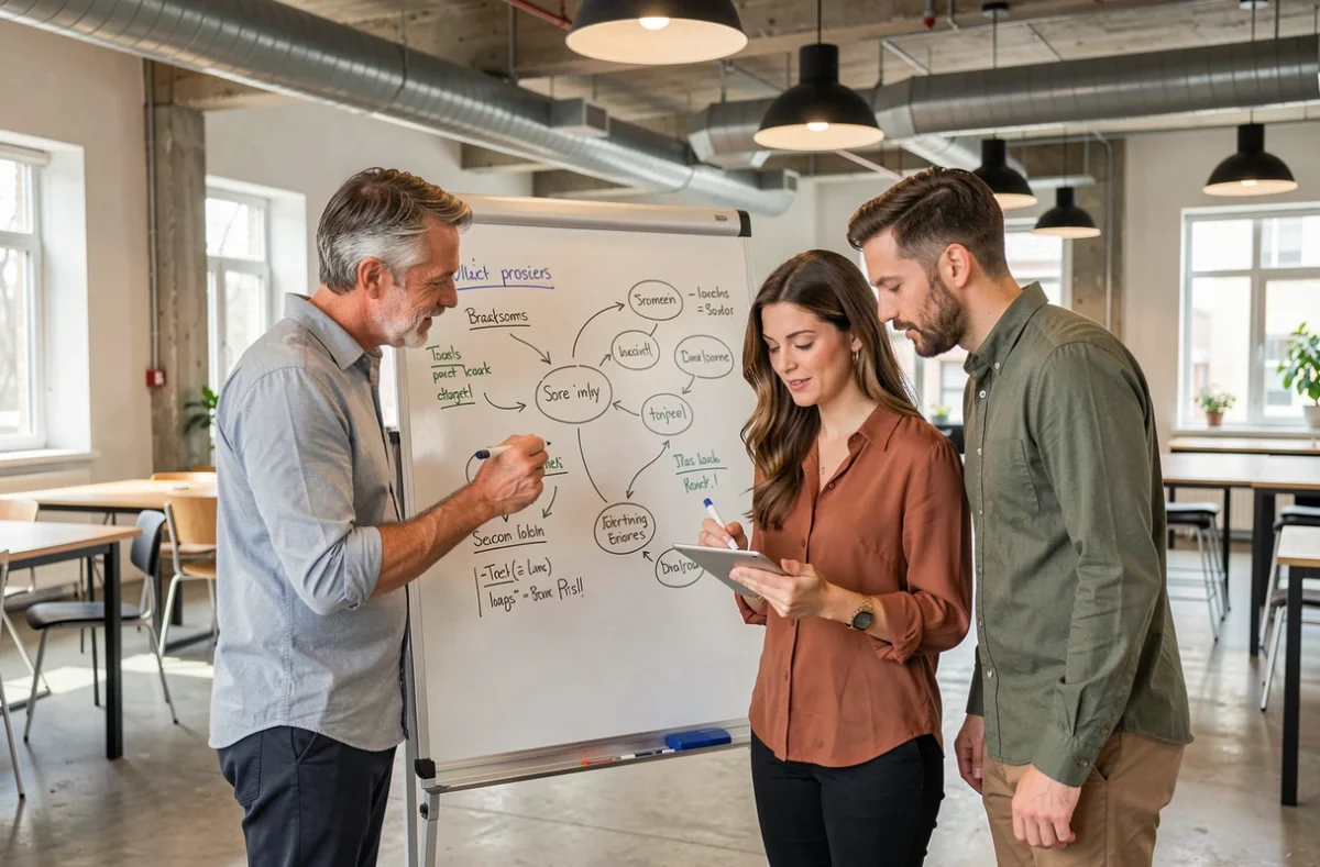 Équipe de collègues en réunion de brainstorming autour d'un tableau blanc pour planifier une collaboration professionnelle