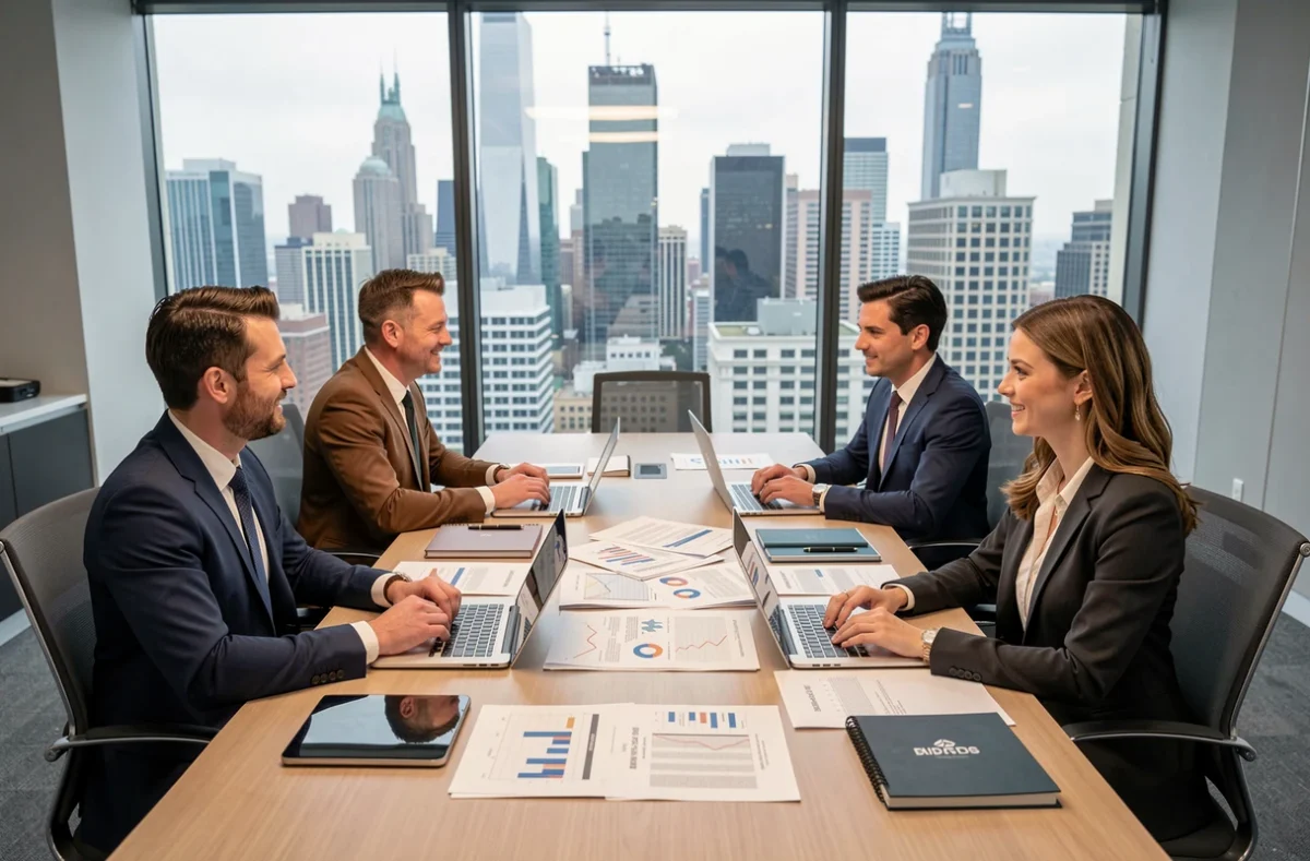 Équipe de consultants en réunion dans une salle de conférence moderne d'un cabinet comptable de renom, évoquant le prestige de Mazars
