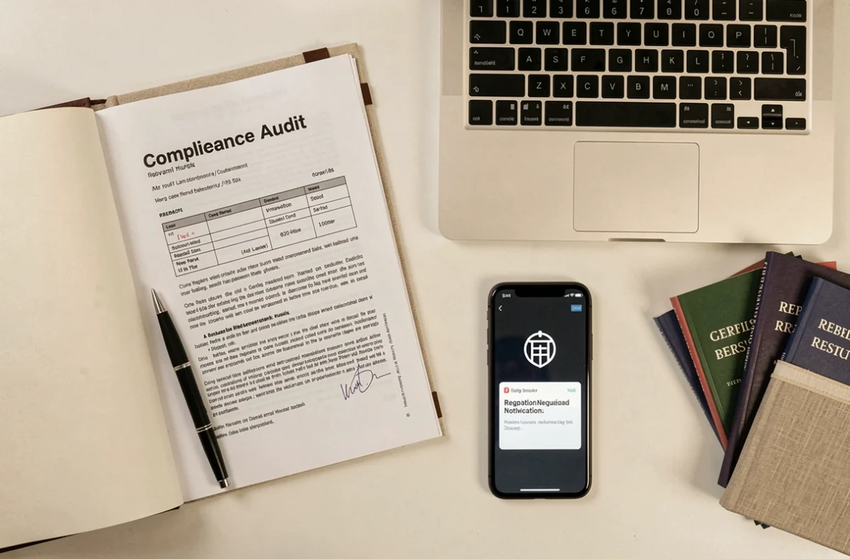 Vue aérienne d'un bureau avec dossier d'audit de conformité, notes manuscrites et alertes réglementaires sur smartphone
