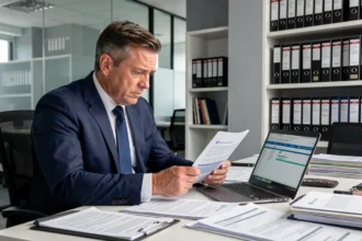 Responsable conformité en costume marine examinant des documents réglementaires dans un bureau d'entreprise moderne