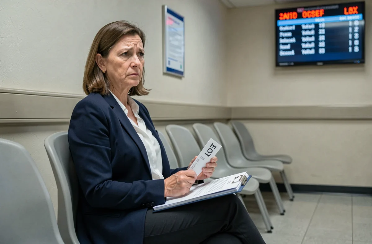 Femme en attente dans une agence pour l'emploi, symbolisant le risque social du chômage et de la perte d'emploi