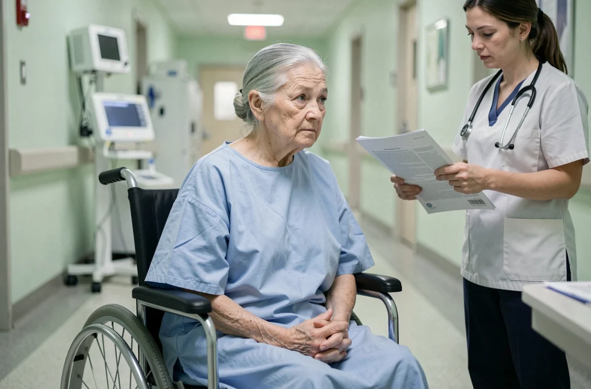 Femme âgée en fauteuil roulant dans un couloir d'hôpital, illustrant les risques sociaux liés à la maladie et à la dépendance