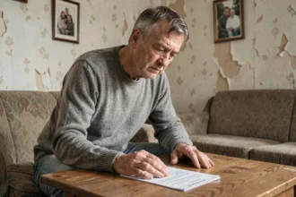 Homme d'âge mûr seul face à des difficultés financières, illustrant les risques sociaux liés à la précarité
