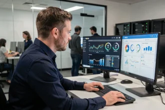 Professionnel de la cybersécurité analysant un tableau de bord sécurisé sur Bitrix24 dans un bureau moderne