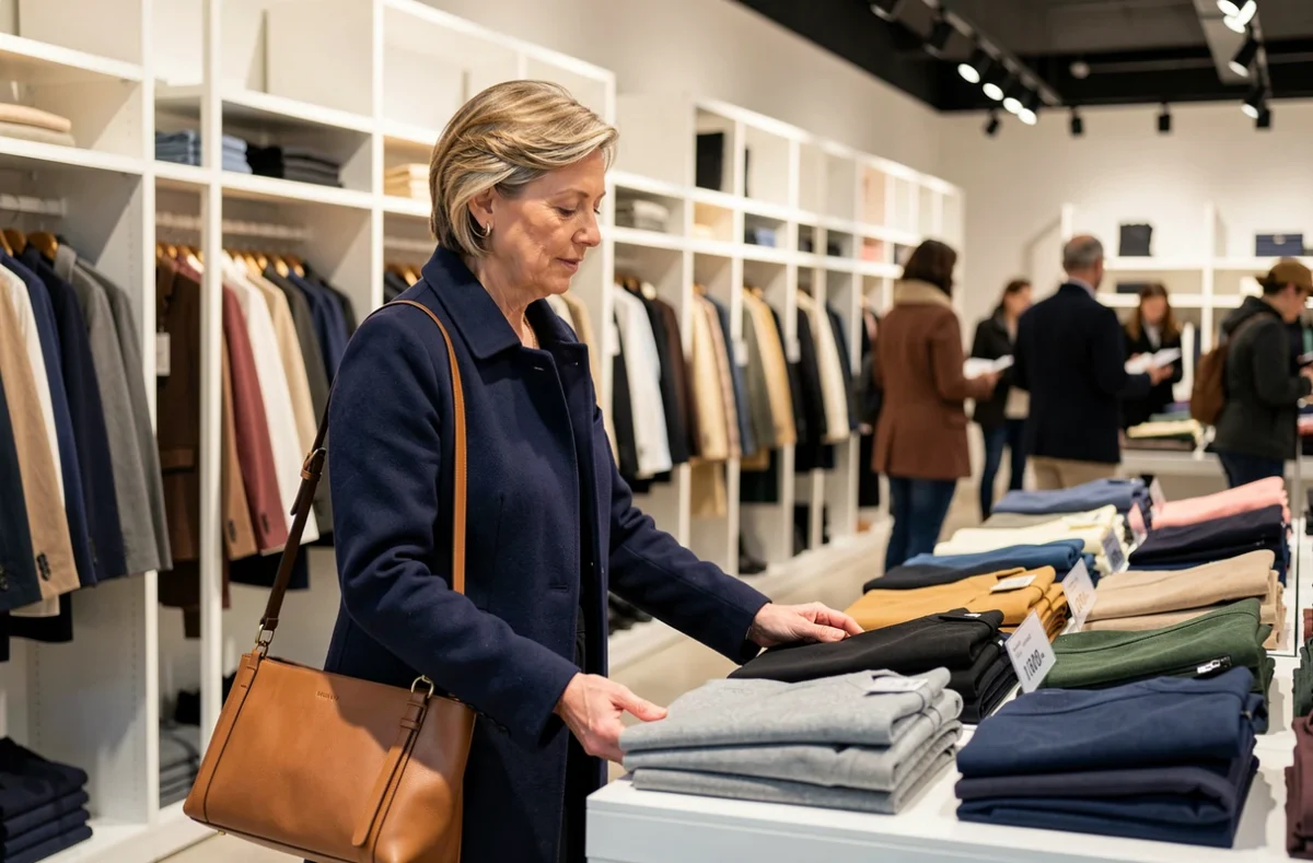 Femme française faisant du shopping dans une enseigne de prêt-à-porter populaire en France