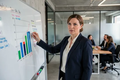 Femme d'affaires présentant une stratégie de croissance de parts de marché sur un tableau blanc dans un bureau moderne