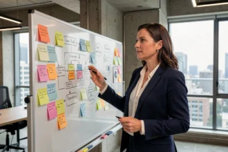 Femme en blazer marine devant un tableau blanc avec des notes de stratégie marketing représentant les 8 P du marketing