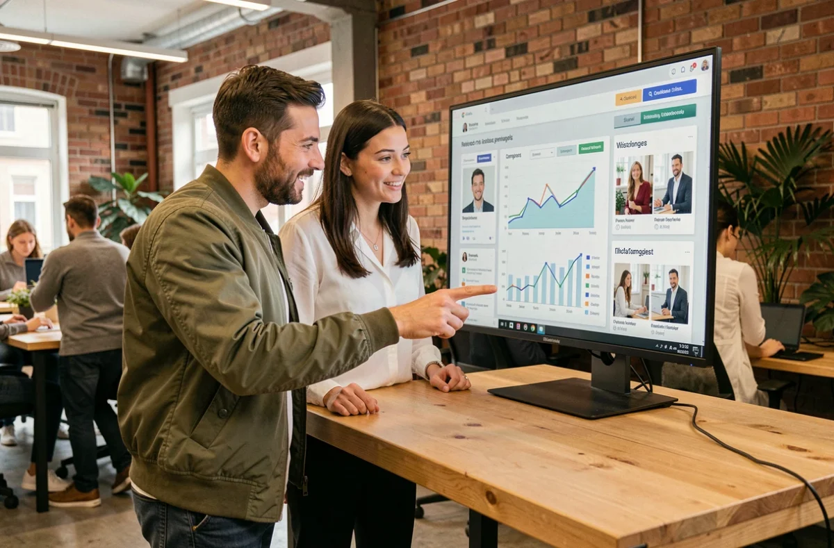 Deux collègues discutant d'une stratégie de monétisation sur les réseaux sociaux dans un espace de coworking
