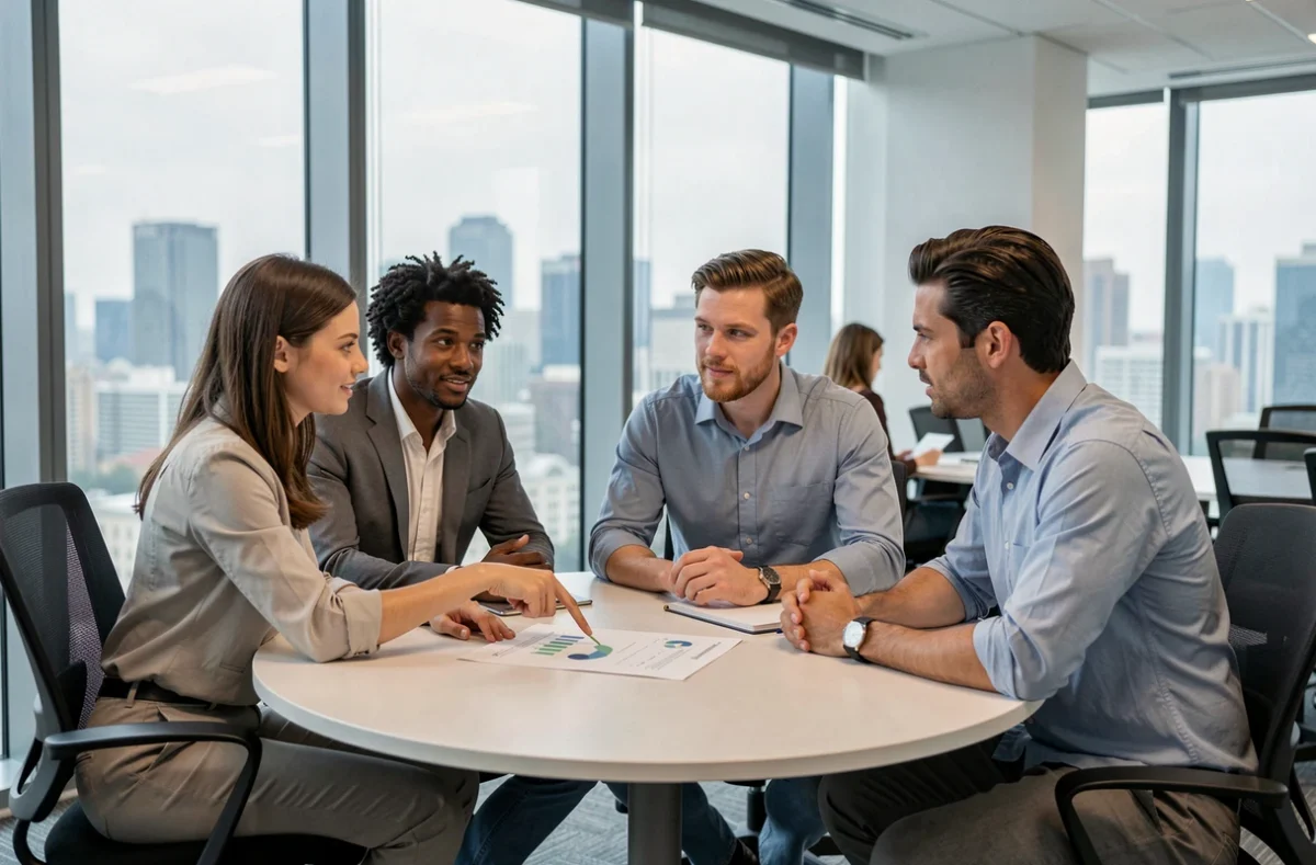 Équipe de professionnels discutant de stratégies pour maîtriser et protéger leur réputation en réunion