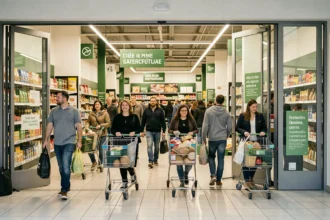 Entrée animée d'un supermarché français avec des clients poussant des chariots un samedi matin