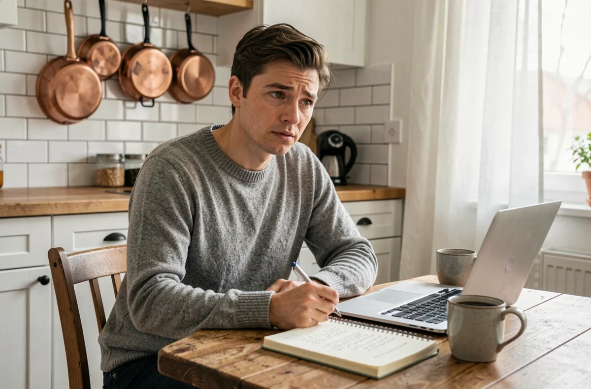 Personne en télétravail consultant ChatGPT depuis son domicile avec un carnet de notes et un café
