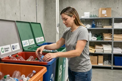 Femme triant des déchets recyclables dans un centre de tri moderne illustrant les principes de gestion des déchets