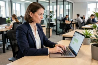 Femme professionnelle utilisant ChatGPT sur son ordinateur portable dans un bureau moderne