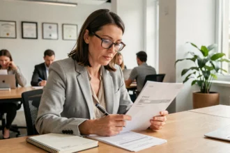 Femme professionnelle vérifiant des fiches de paie sur un bureau en bois dans un bureau moderne