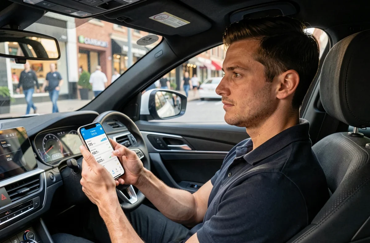 Chauffeur VTC consultant son application de mise en relation dans son véhicule entre deux courses