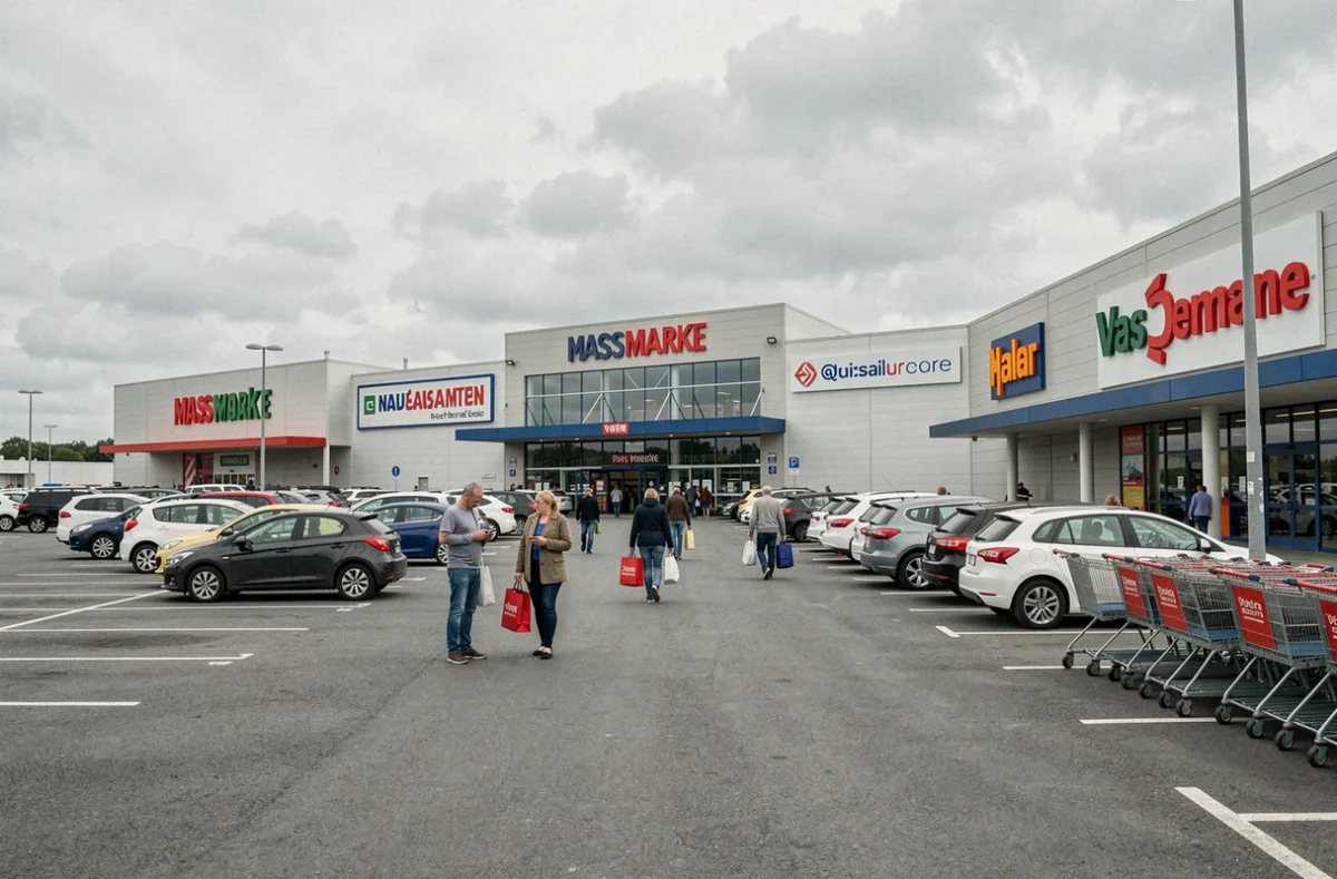 Zone commerciale française avec grandes enseignes et parking rempli de voitures en semaine